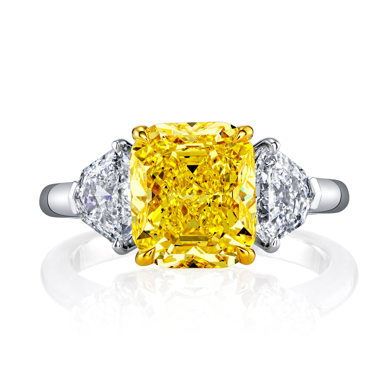 Manfredi Jewels Engagement - Fancy Vivid Yellow Cushion-Cut 3.01ct Three-Stone Diamond Ring with Shield-Cut Side Diamonds | Manfredi Jewels