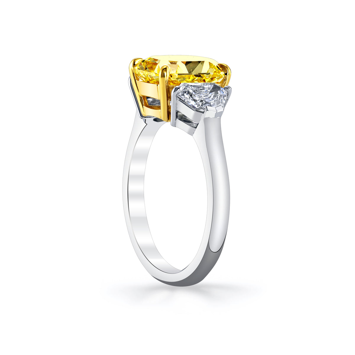 Manfredi Jewels Engagement - Fancy Vivid Yellow Cushion-Cut 3.01ct Three-Stone Diamond Ring with Shield-Cut Side Diamonds | Manfredi Jewels