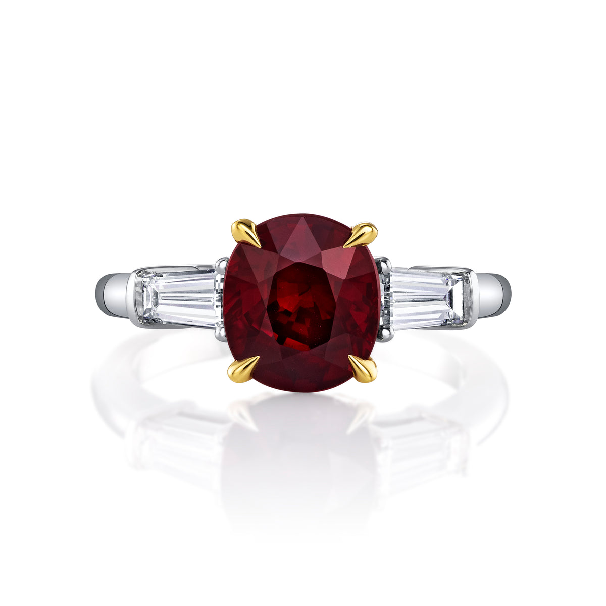 Manfredi Jewels Engagement - Cushion Ruby 3.08ct Three-Stone Ring with Tapered Baguette Side Diamonds in Platinum & 18K Yellow Gold