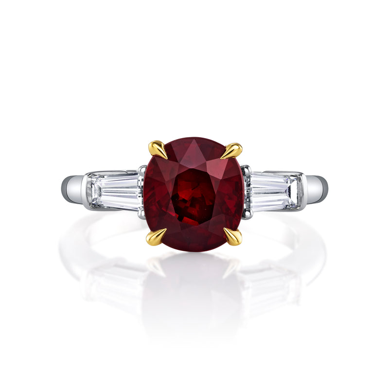 Manfredi Jewels Engagement - Cushion Ruby 3.08ct Three-Stone Ring with Tapered Baguette Side Diamonds in Platinum & 18K Yellow Gold