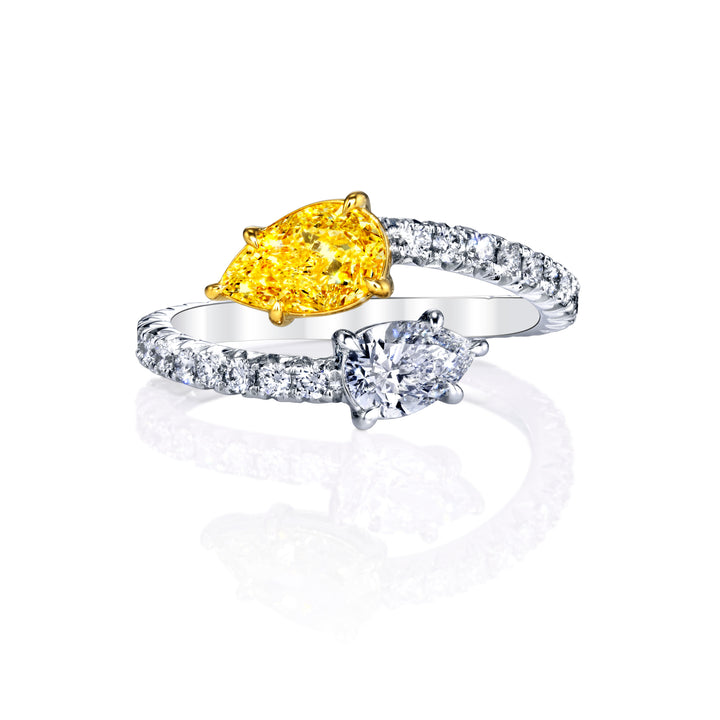 Manfredi Jewels Engagement - Fancy Yellow and White Pear-Shaped Diamond Bypass Ring in Platinum & 18K Yellow Gold | Manfredi Jewels