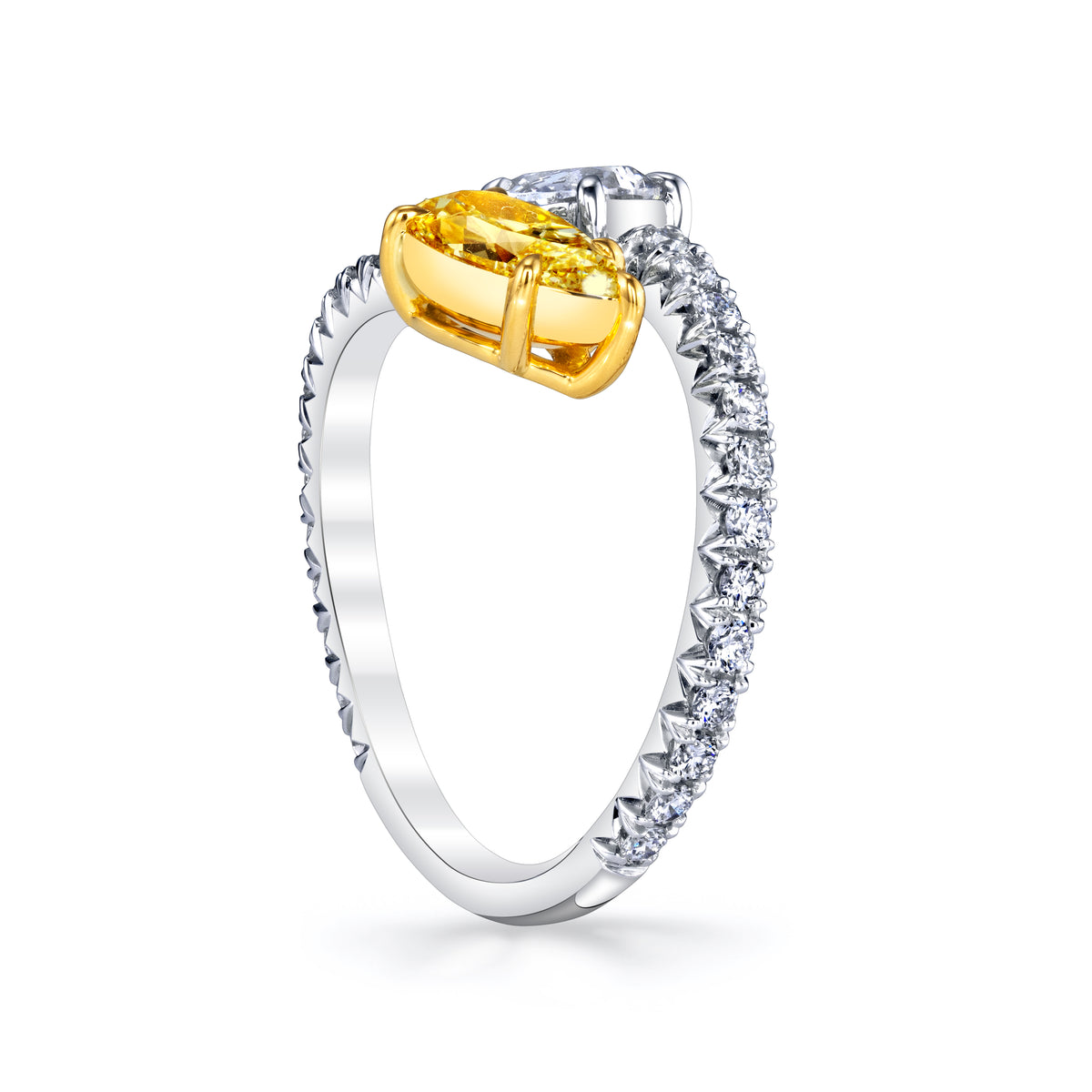 Manfredi Jewels Engagement - Fancy Yellow and White Pear-Shaped Diamond Bypass Ring in Platinum & 18K Yellow Gold | Manfredi Jewels