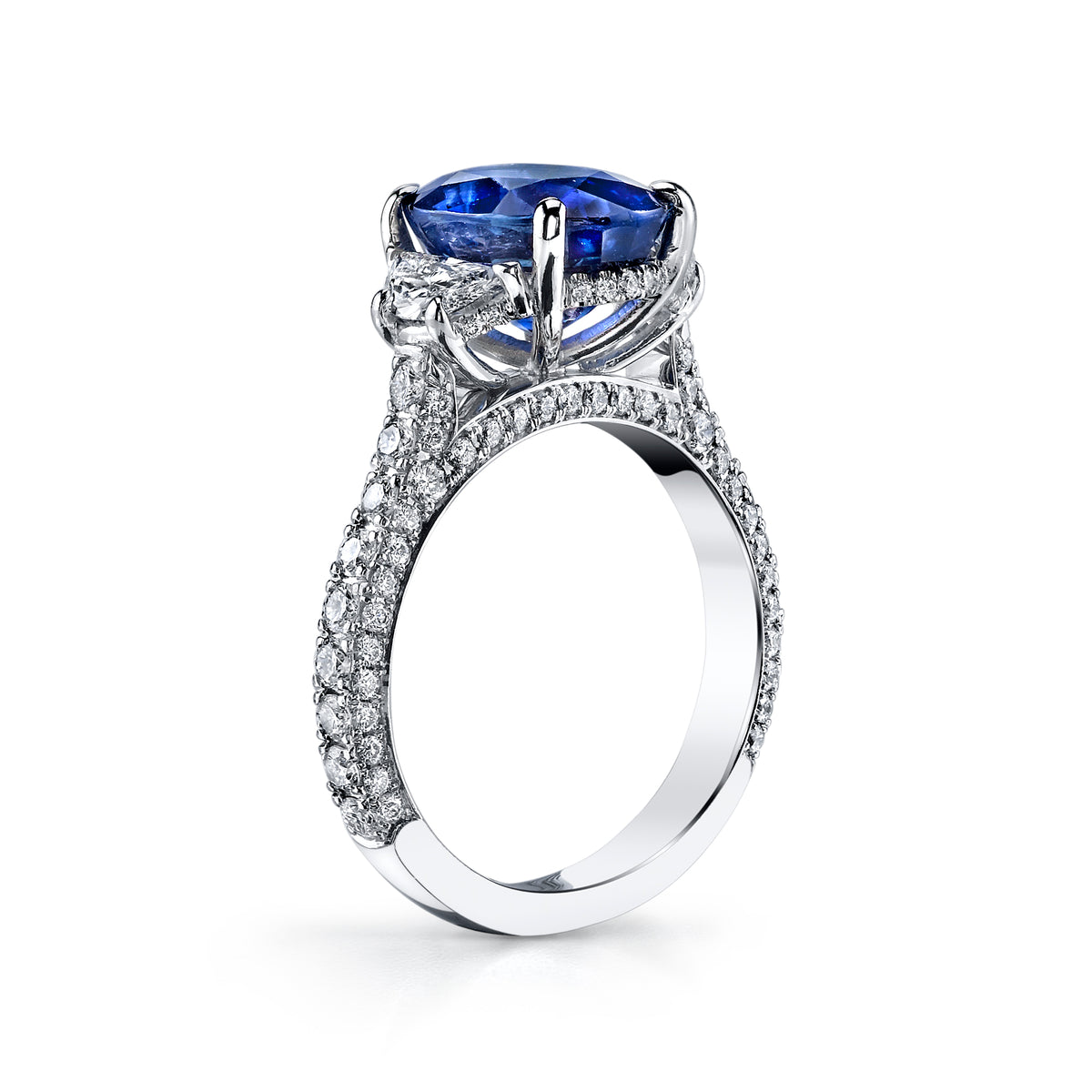 Manfredi Jewels Engagement - Oval Blue Sapphire 4.39ct Three-Stone Ring with Half-Moon Diamond Side Stones and Triple-Row Micro Pavé Band