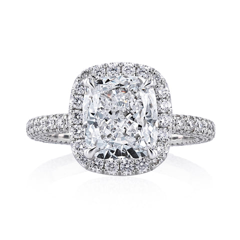 Cushion Cut 3.02ct Platinum Diamond Engagement Ring set in a Micro Pave Halo & Band