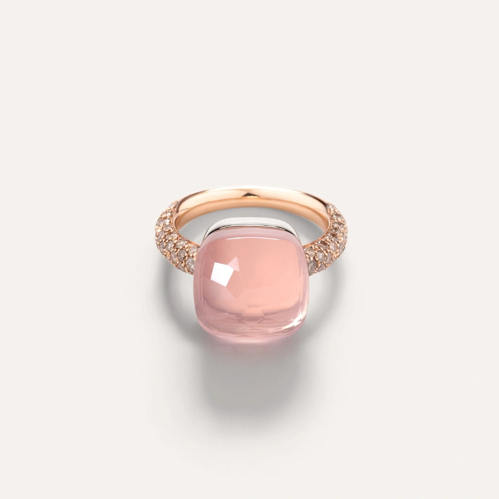 Pomellato Jewelry - Nudo 18K Rose Gold Rose Quartz with Brown Diamond Pavé Maxi Ring | Manfredi Jewels