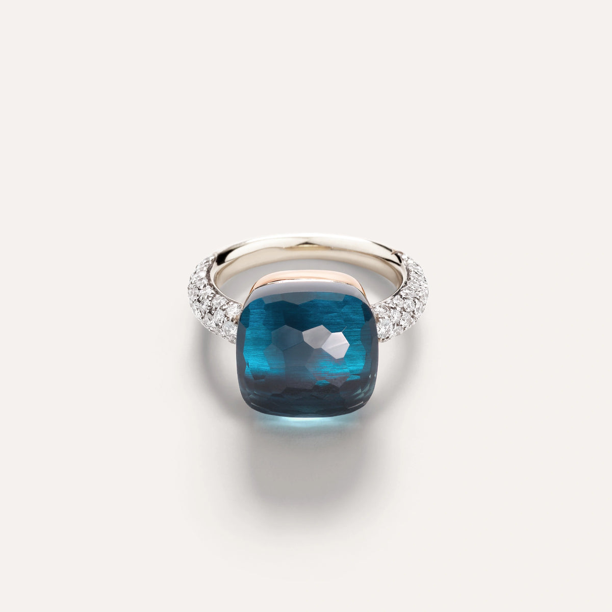 Pomellato Jewelry - Nudo 18K White Gold Sky London Topaz with Diamond Pavé Maxi Ring | Manfredi Jewels