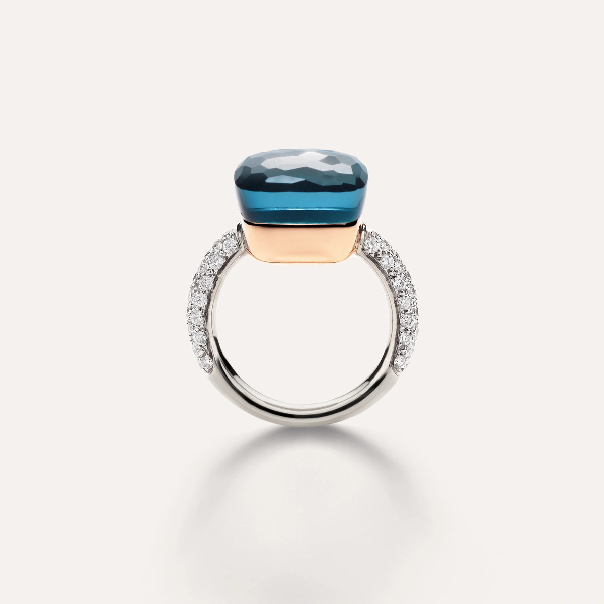 Pomellato Jewelry - Nudo 18K White Gold Sky London Topaz with Diamond Pavé Maxi Ring | Manfredi Jewels