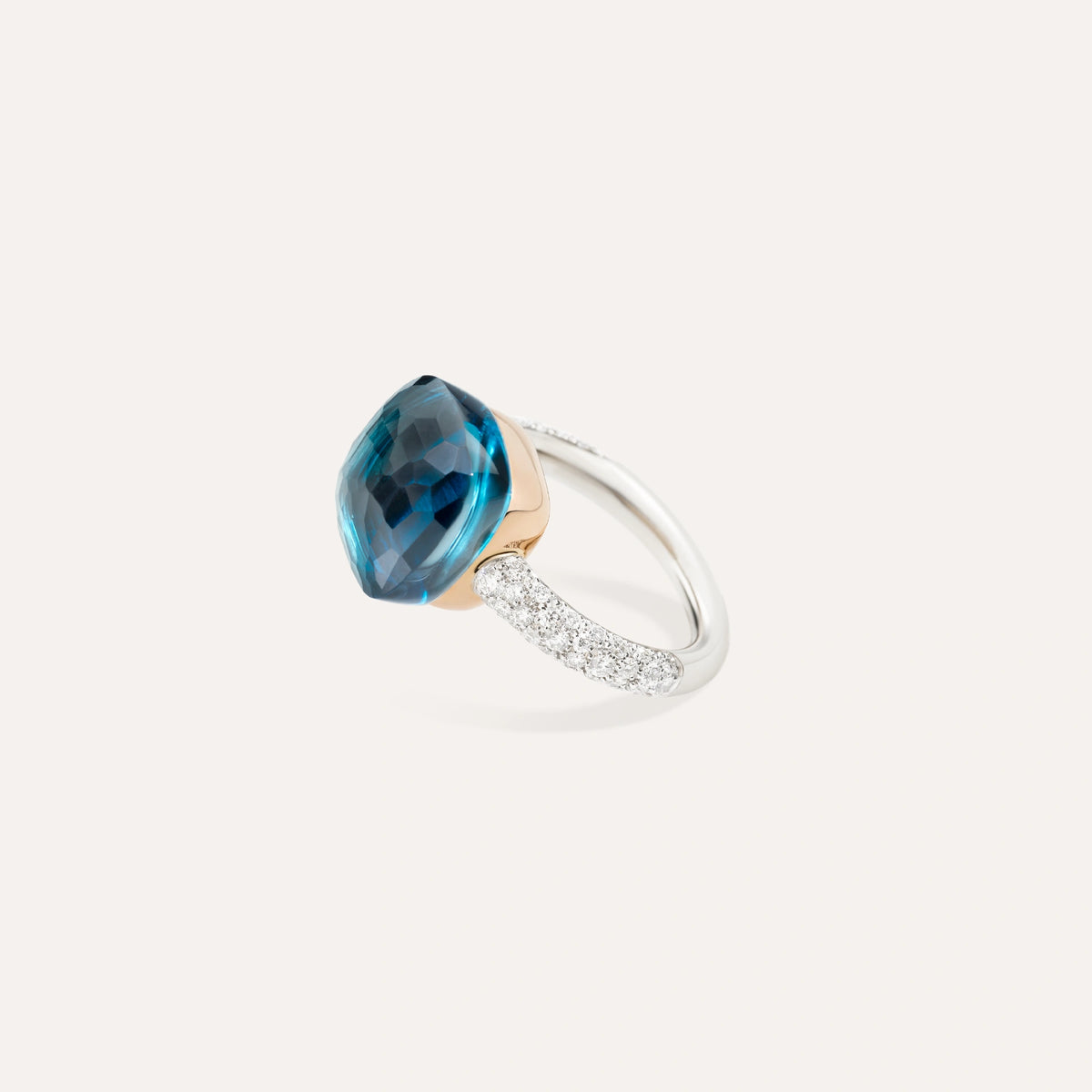 Pomellato Jewelry - Nudo 18K White Gold Sky London Topaz with Diamond Pavé Maxi Ring | Manfredi Jewels
