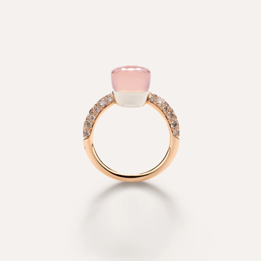 Pomellato Jewelry - Nudo 18K Rose Gold Rose Quartz and Chalcedony with a Brown Diamond Pavé Petit Ring | Manfredi Jewels