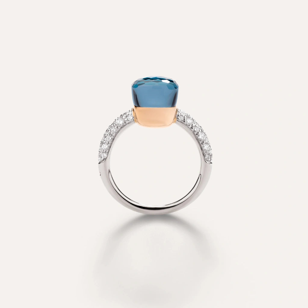 Pomellato Jewelry - Nudo 18K White Gold London Blue Topaz and Turquoise with a Diamond Pavé Petit Ring | Manfredi Jewels
