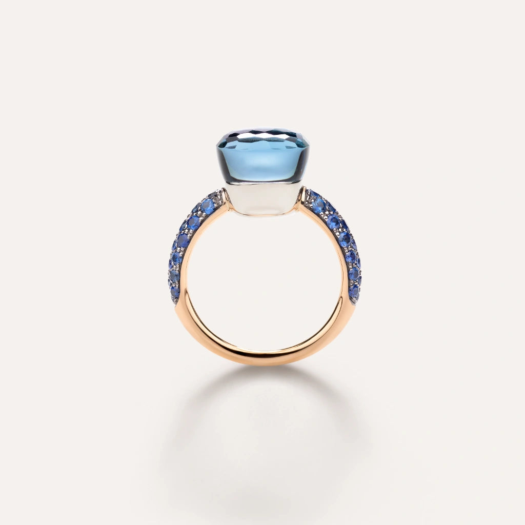 Pomellato Jewelry - Nudo 18k Rose Gold London Blue Topaz with Lapis Lazuli and Sapphire Pavé Classic Ring | Manfredi Jewels