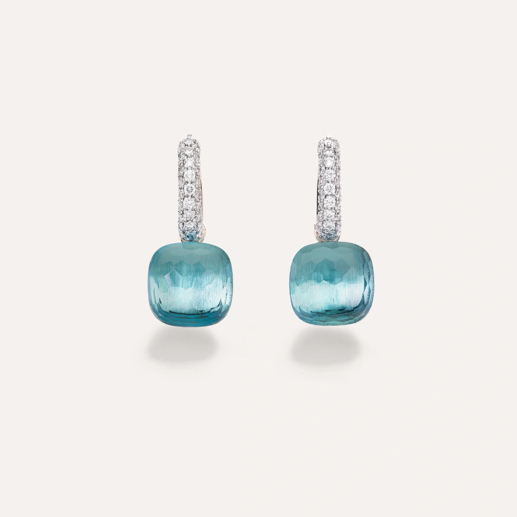 Pomellato Jewelry - Nudo 18K Rose and White Gold Blue Topaz & Diamond Pavé Classic Earrings | Manfredi Jewels