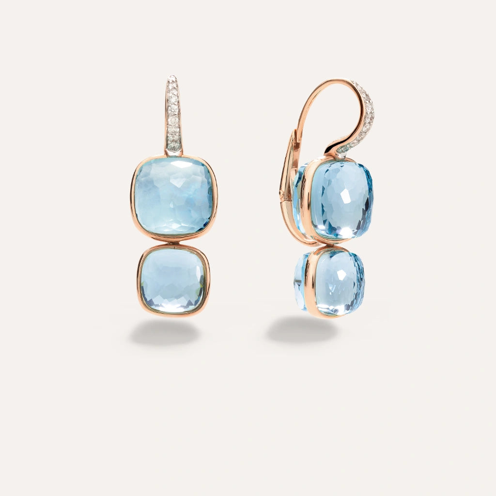 Pomellato Jewelry - Nudo 18K Rose Gold Double Sky Blue Topaz & Diamond Pavé Classic Earrings | Manfredi Jewels