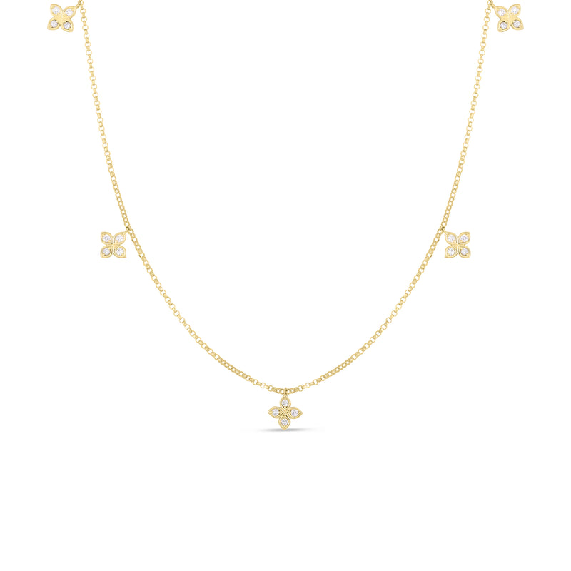 Roberto Coin Jewelry - Diamonds By The Inch 18K Yellow Gold Dangling 5 Station Flower Diamond Necklace | Manfredi Jewels