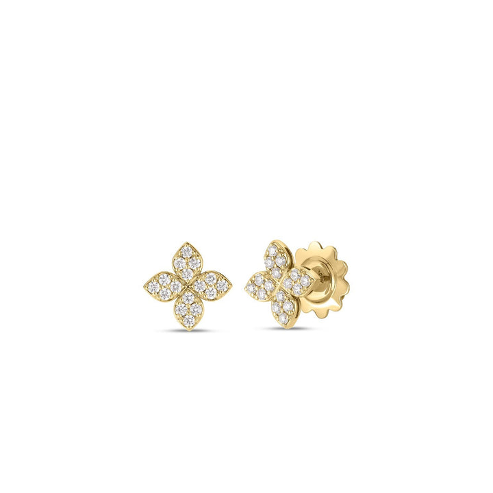 Roberto Coin Jewelry - 18K Yellow Gold Love In Verona Medium Pave Diamond Flower Stud Earrings | Manfredi Jewels