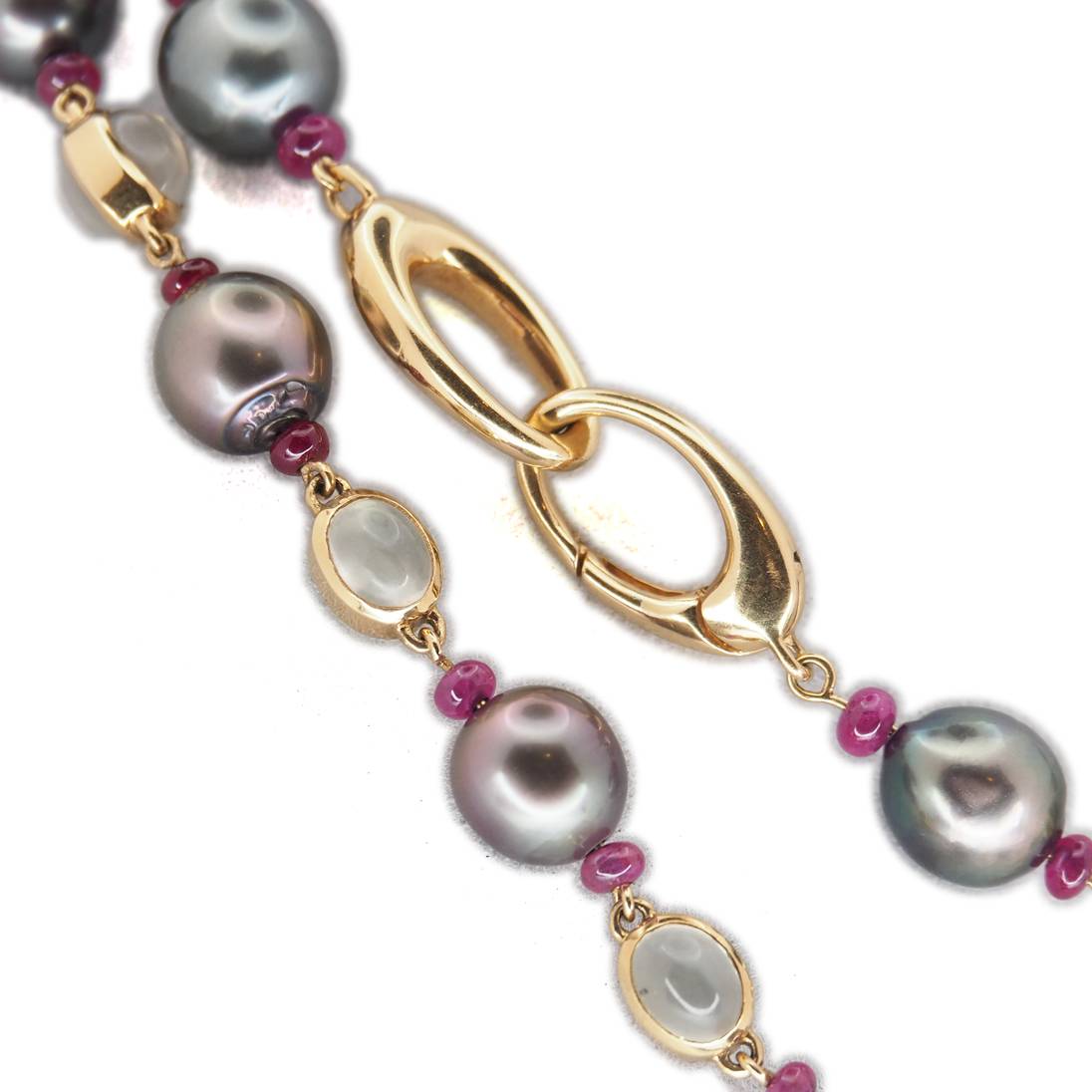 Estate Jewelry Jewelry - 18K Yellow Gold Tahitian Pearl Moonstone and Ruby Long Necklace | Manfredi Jewels