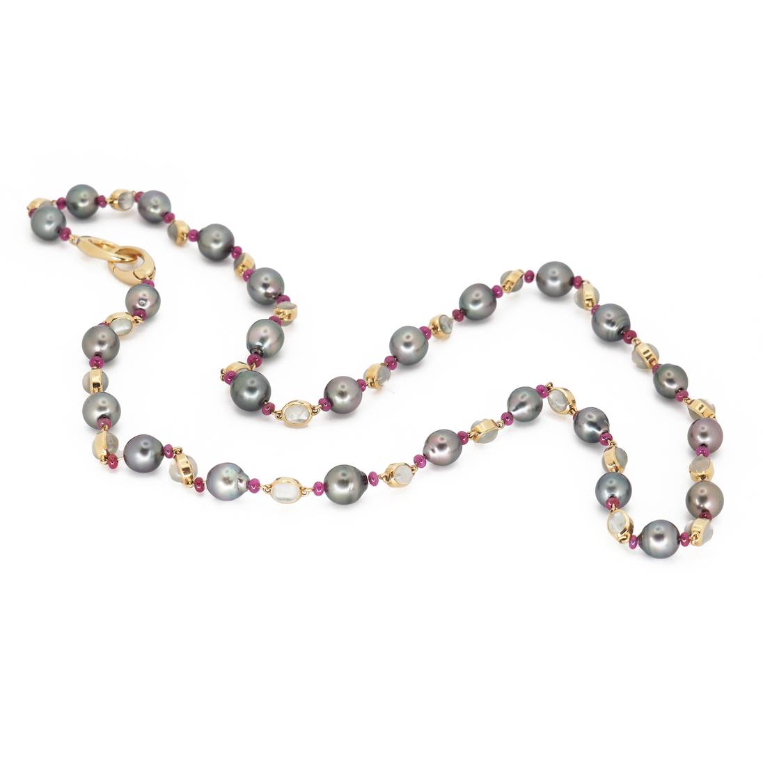 Estate Jewelry Jewelry - 18K Yellow Gold Tahitian Pearl Moonstone and Ruby Long Necklace | Manfredi Jewels