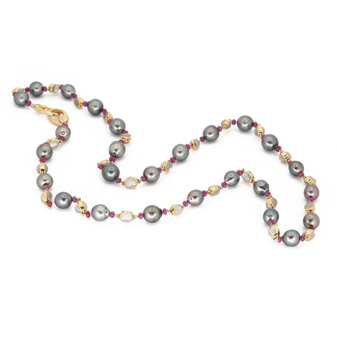 18K Yellow Gold Tahitian Pearl , Moonstone and Ruby Long Necklace