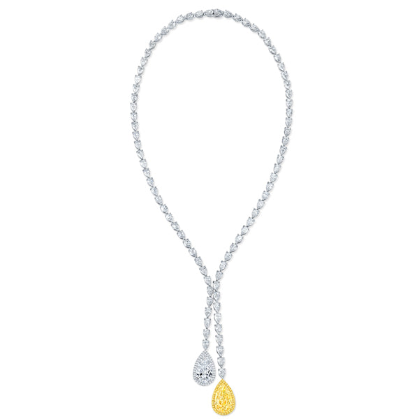 Pear Cut 10.05 ct White Gold Celestial Lariat Halo Yellow and White Diamond Necklace
