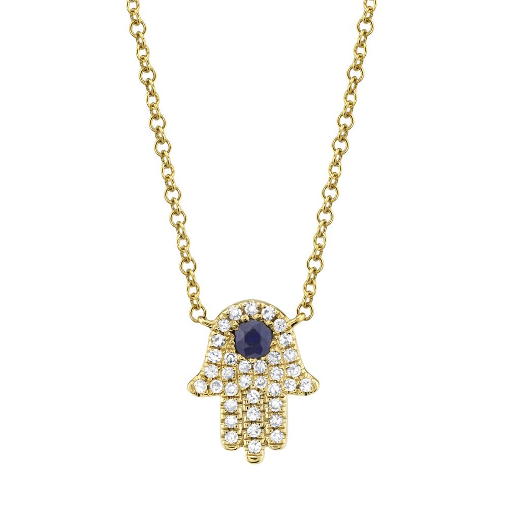 Shy Creation Jewelry - Kate 14K Yellow Gold Center Blue Sapphire & Diamond Pavé Hamsa Necklace | Manfredi Jewels