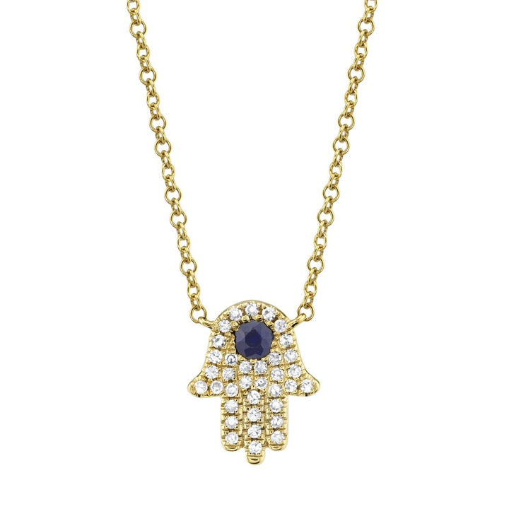 Shy Creation Jewelry - Kate 14K Yellow Gold Center Blue Sapphire & Diamond Pavé Hamsa Necklace | Manfredi Jewels