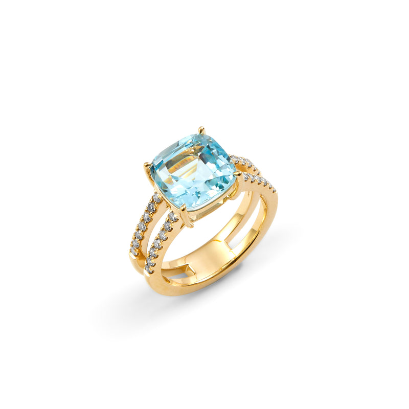 Syna Jewelry - Geometrix 18K Yellow Gold Cushion Blue Topaz & Diamond Ring | Manfredi Jewels