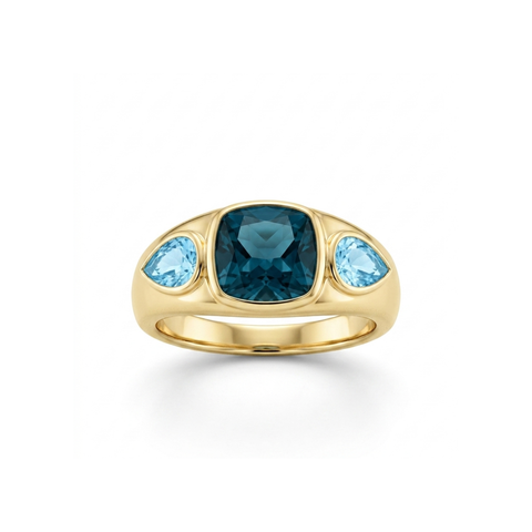 Estate 14K Yellow Gold 3 Stone Blue Topaz Dome Ring