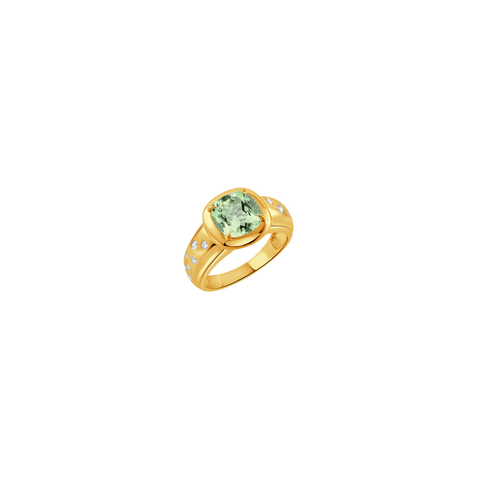 18K Yellow Gold Green Amethyst and Diamond Ring