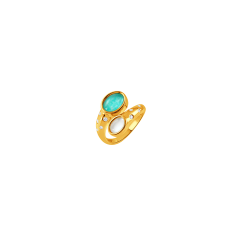 18K Yellow Gold Diamond Ring with Cabochon-Cut Clear Quartz over White Mother of Pearl and over Amazonite