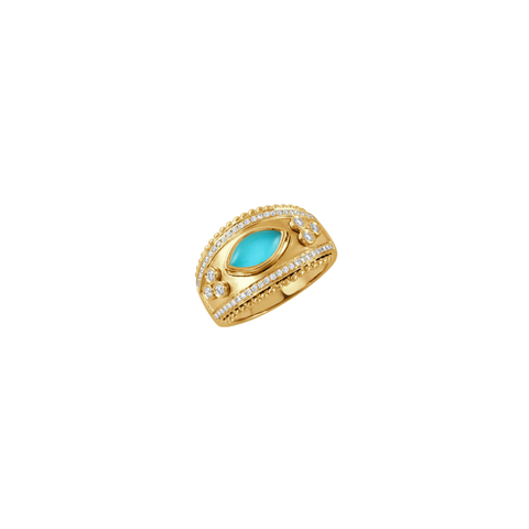 18K Yellow Gold Diamond Ring with Cabochon Cut Clear Quartz over Turquoise