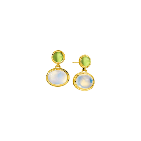 18K Yellow Gold, Moon Quartz, & Peridot Cirra Oval Moon Drop Earrings