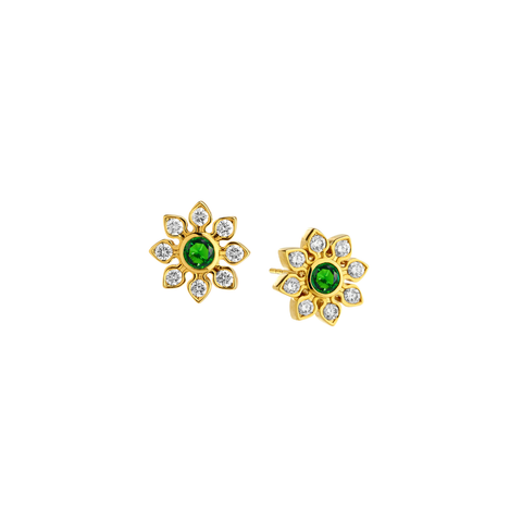 18K Yellow Gold with Diamonds and Emerald Petal Dot Studs