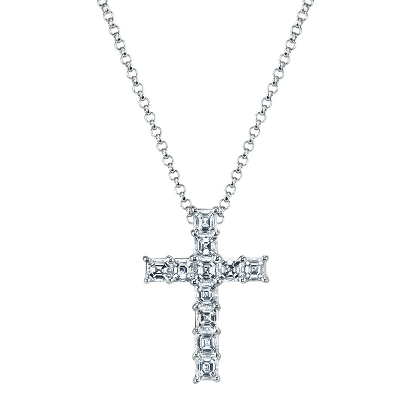 Asscher Cut Platinum 2.80 ct Diamond Cross Pendant Necklace