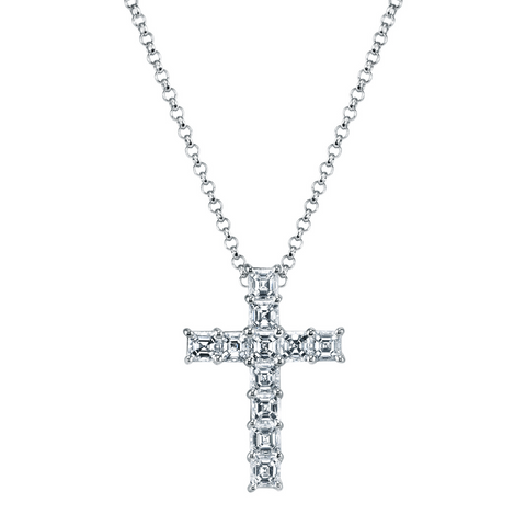Asscher Cut Platinum 2.80 ct Diamond Cross Pendant Necklace