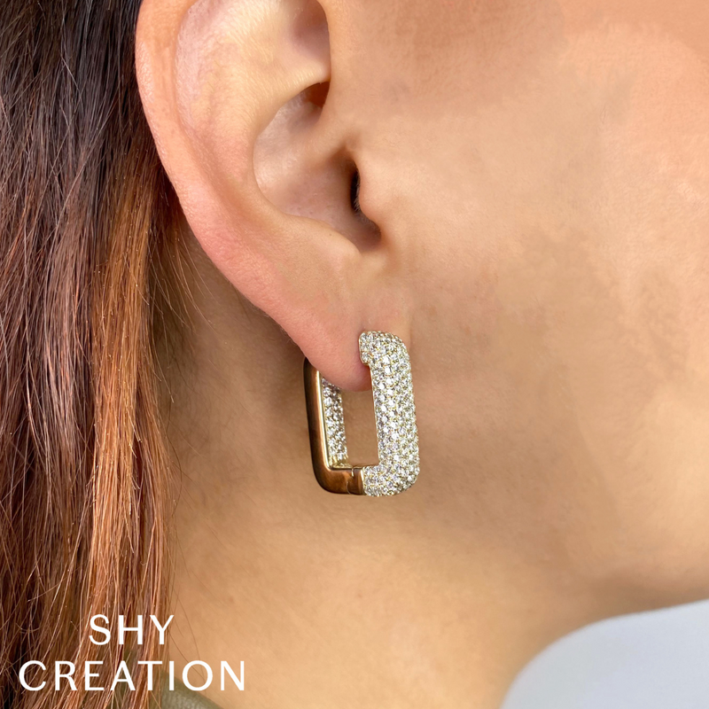 14K Yellow Gold & Diamond Pave Rectangle Hoop Earrings