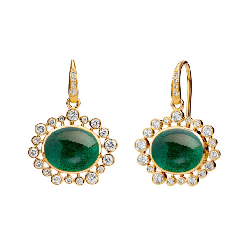 Syna Jewelry - Cosmic 18K Yellow Gold Oval Cluster Diamond and Emerald Earrings | Manfredi Jewels