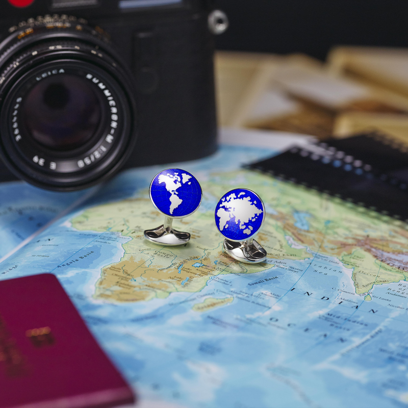 Sterling Silver Round Blue Enamel World Cufflinks