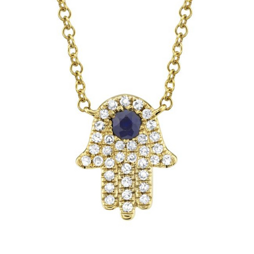 Kate 14K Yellow Gold Center Blue Sapphire & Diamond Pavé Hamsa Necklace