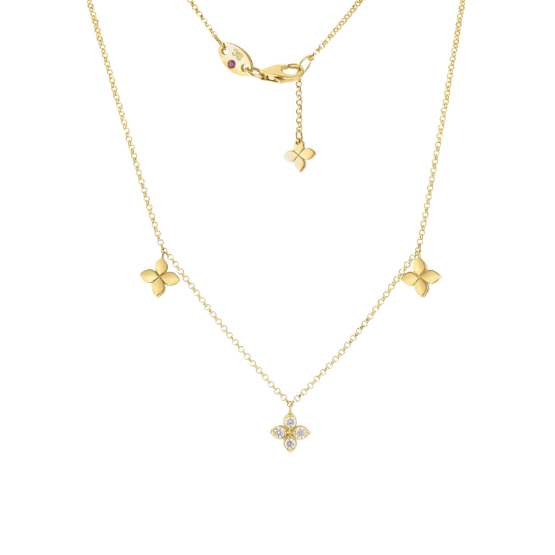 18K Yellow Gold Love By The Inch Diamond And Polished Flower Station Dangle Necklace