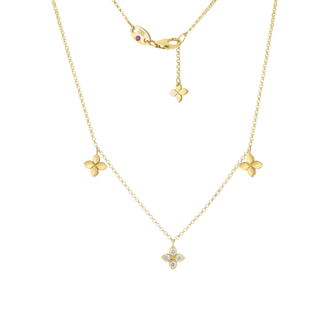 18K Yellow Gold Love By The Inch Diamond And Polished Flower Station Dangle Necklace