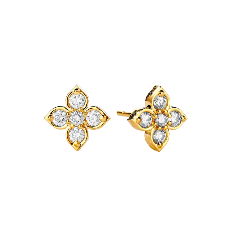 Jardin 18K Yellow Gold Four Leaf Diamond Studs Earrings