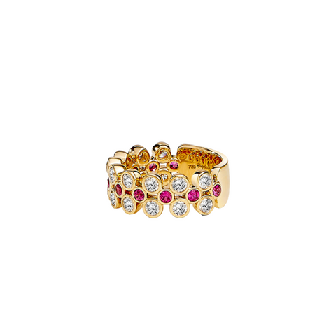 Cosmic 18K Yellow Gold Rubies & Diamond Band Ring