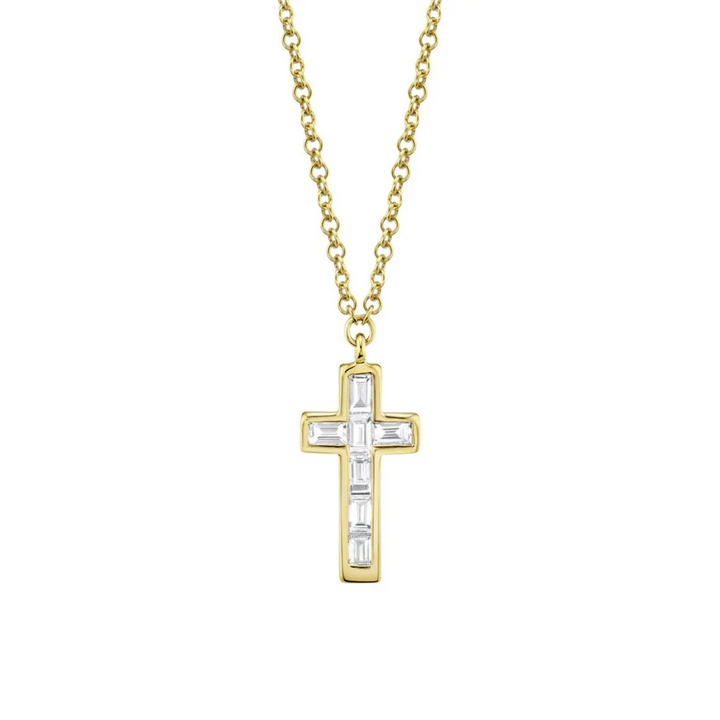 Shy Creation Jewelry - 14K Yellow Gold 0.17ct Diamond Baguette Cross Necklace | Manfredi Jewels