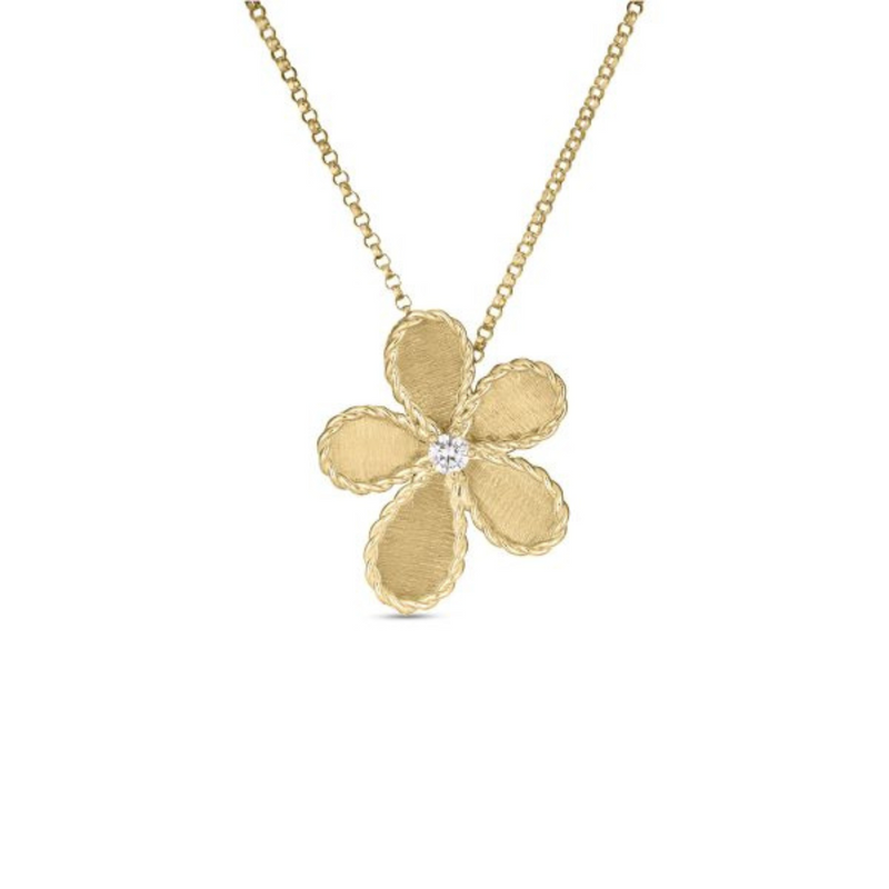 Roberto Coin Jewelry - Jasmine 18K Yellow Gold Jasmine Diamond & Satin Finish Flower Necklace | Manfredi Jewels