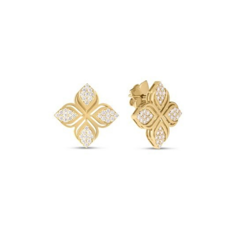 Roberto Coin Jewelry - Arabesque 18K Yellow Gold Pave Diamond Flower Earrings | Manfredi Jewels
