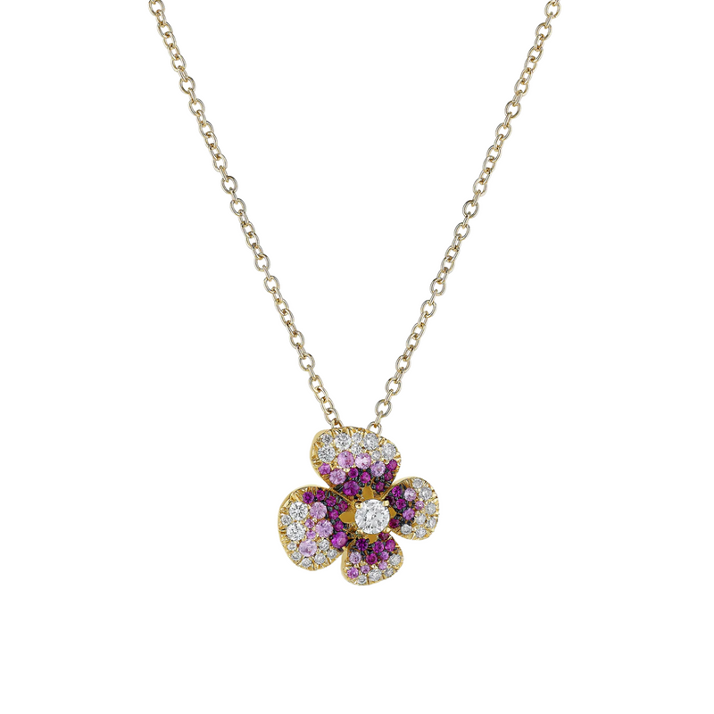 Ischia 18K Yellow Gold Diamond & Pink Sapphire Flower Pendant Necklace