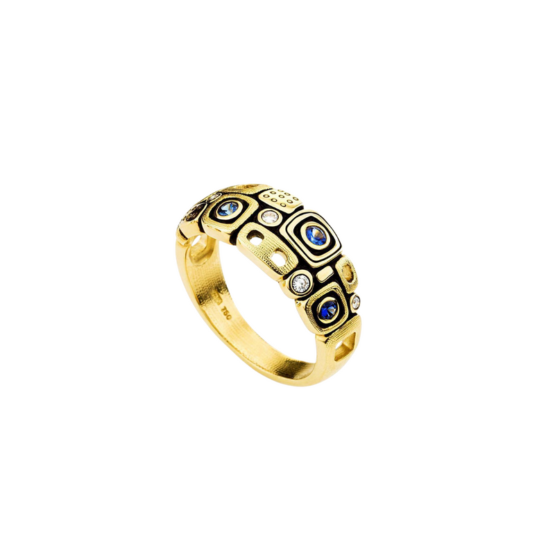 18K Yellow Gold Little Windows Sapphire & Diamond Dome Ring