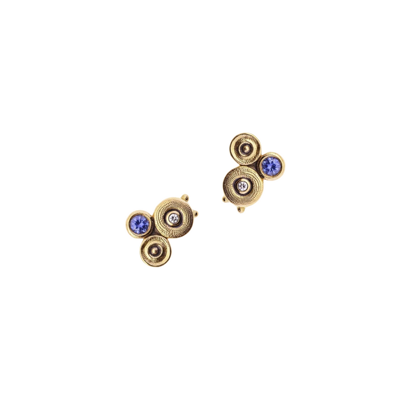 18K Yellow Gold, Sapphire & Diamond "Ocean" Stud Earrings