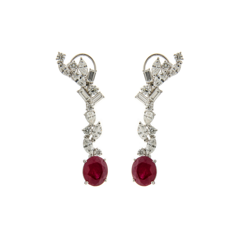 18KT White Gold Diamond and Ruby Drop Earrings