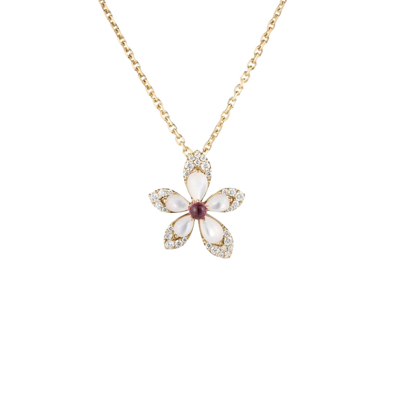 18K Rose Gold Tiare Diamond, Mother of Pearl, & Rubellite Flower Pendant Necklace